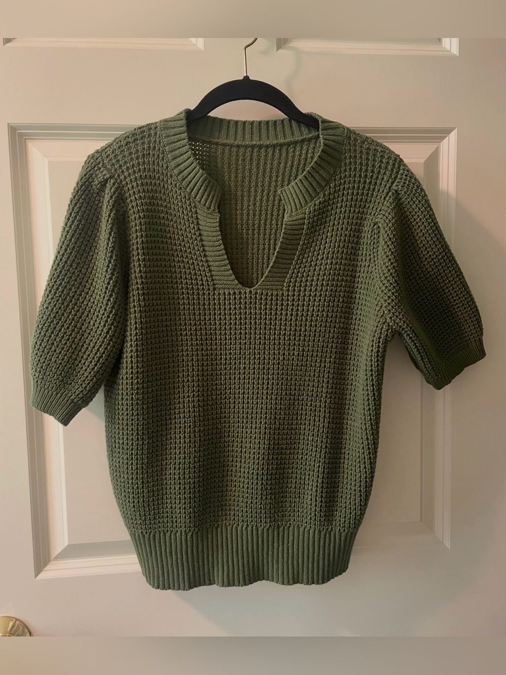 Olive Knit V-Neck Short Sleeve Sweater